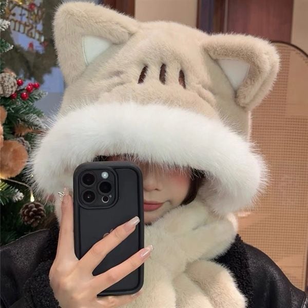  Mũ bông kiêm khăn quàng mèo be 