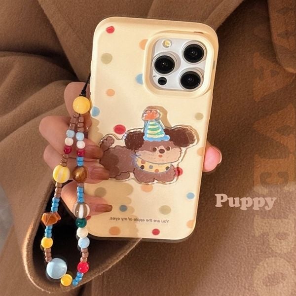  Ốp cún nổi mũ sinh nhật + dây charm 