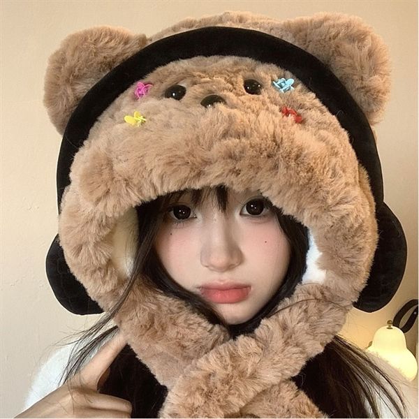  Mũ bông kiêm khăn quàng gấu bịt tai 