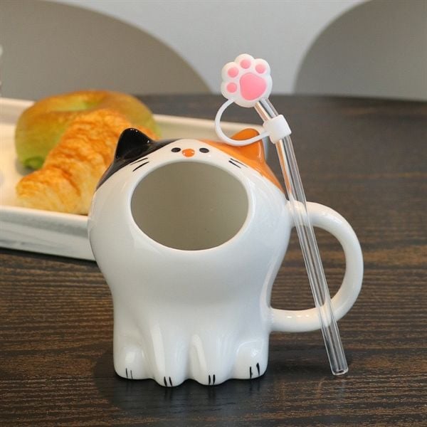  Cốc sứ mèo há miệng kèm ống hút 