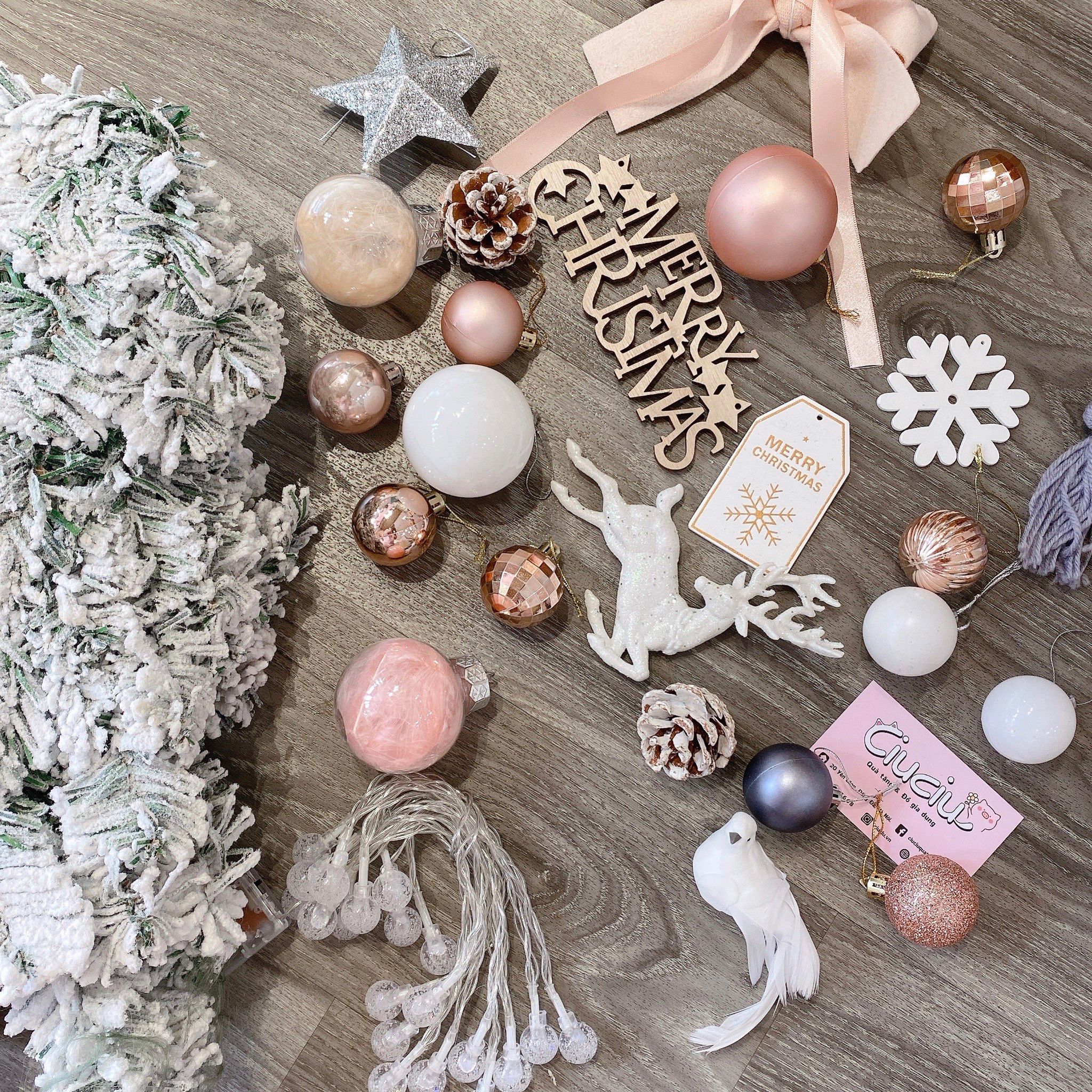  Cây thông giáng sinh phủ tuyết tone hồng 45cm 