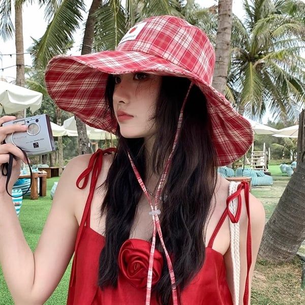  Mũ rộng vành mềm kẻ caro 