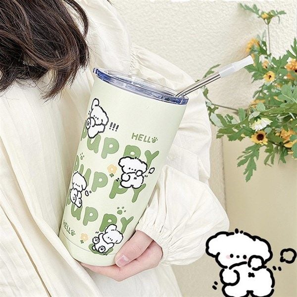  Cốc giữ nhiệt + set ống hút Puppy xanh 550ml 