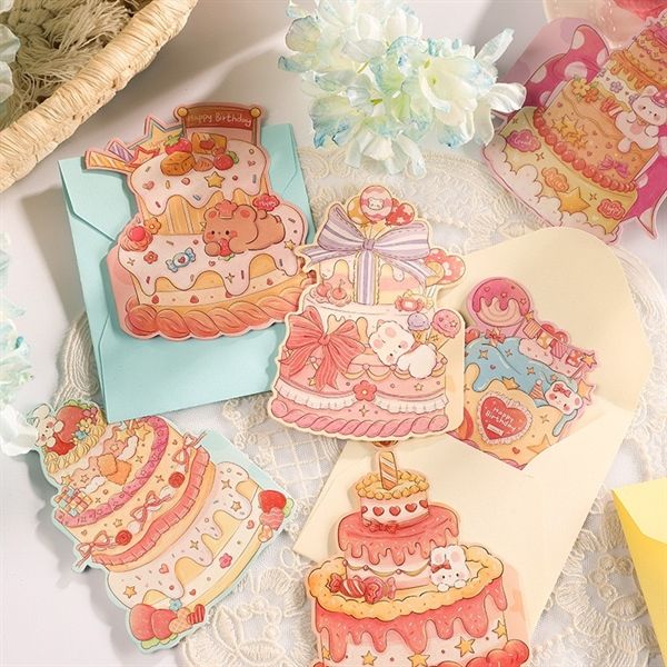  Thiệp bánh sinh nhật gấu thỏ + bao thư 