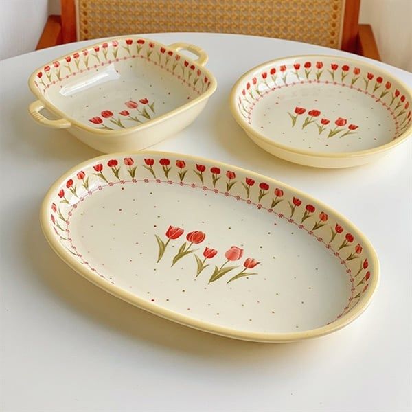  Set bát đĩa hoa tulip tone be 