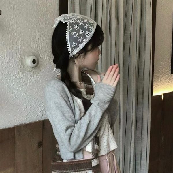  Khăn turban tam giác voan thêu hoa 