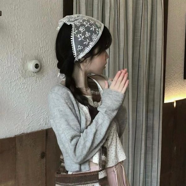  Khăn turban tam giác voan thêu hoa 