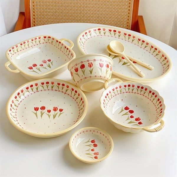  Set bát đĩa hoa tulip tone be 