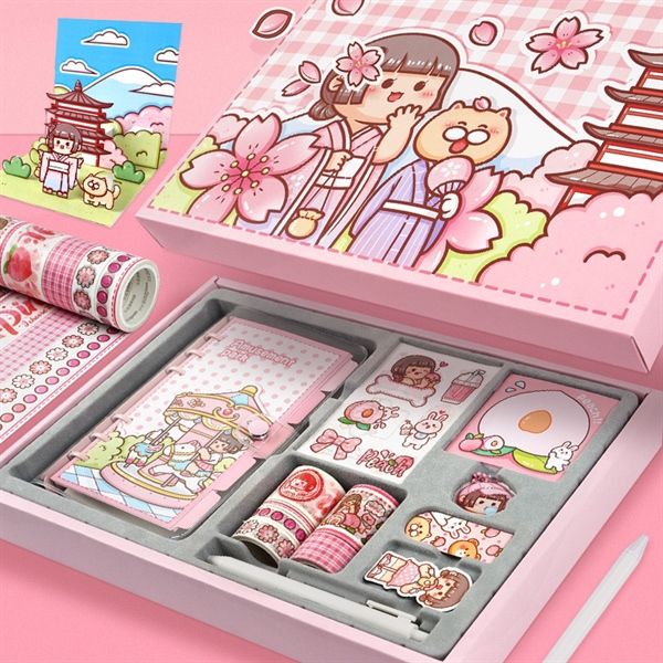  Box sổ + sticker + dụng cụ học tập Small Mochi hoa anh đào 