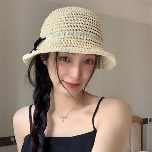  Mũ bucket vải mềm dây nơ đen 