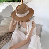  Mũ cói cứng viền vải be xếp ly 