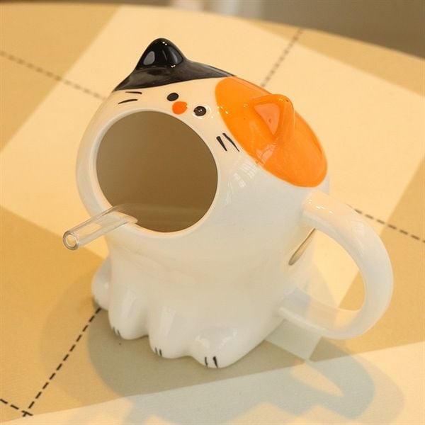  Cốc sứ mèo há miệng kèm ống hút 
