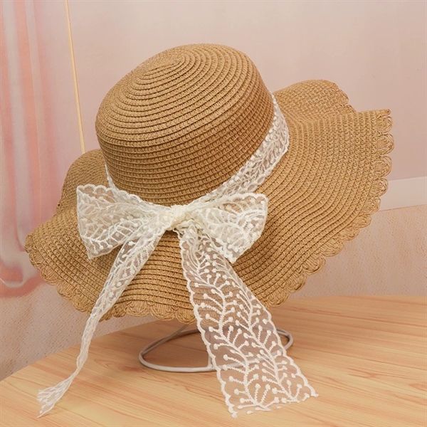  Mũ cói rộng vành nơ ren xương cá 