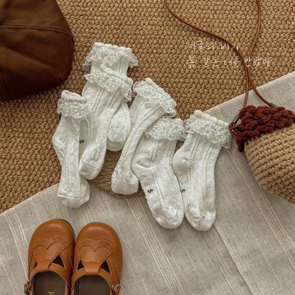  Tất Kid nhún ren gân trám 
