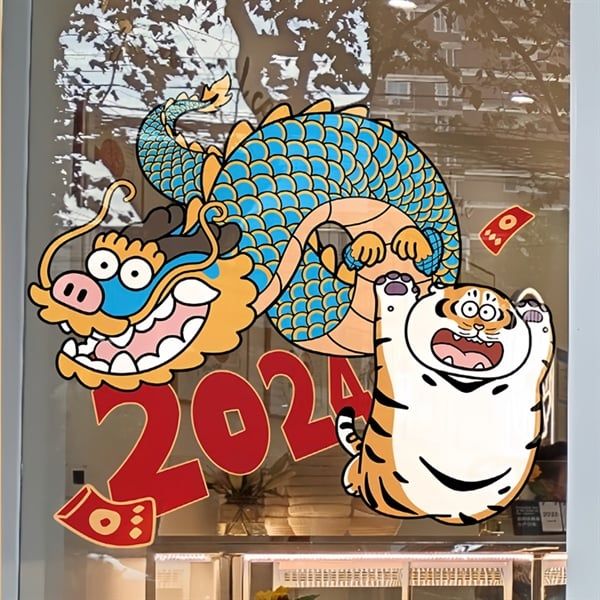  Decal dán kính rồng hổ trang trí tết 