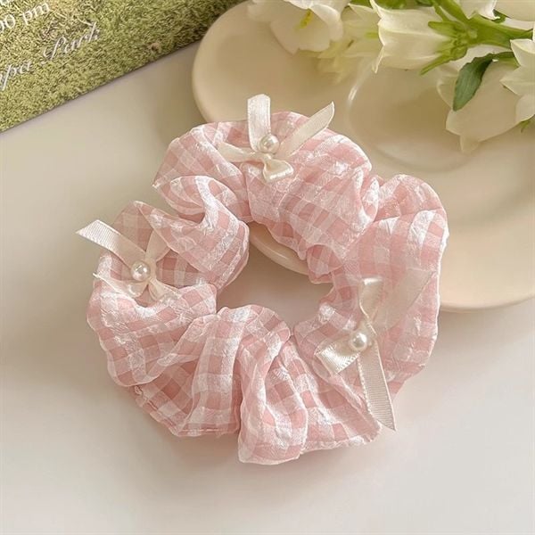  Scrunchies kẻ caro hồng nơ trắng 