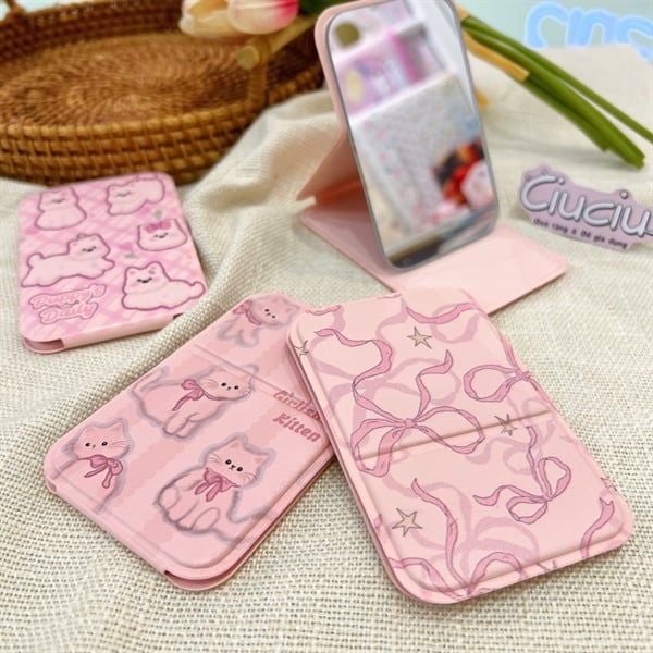  Gương gập bỏ túi bọc da hồng 7x10cm 
