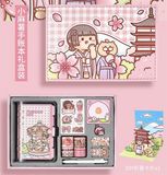  Box sổ + sticker + dụng cụ học tập Small Mochi hoa anh đào 