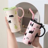  Cốc sứ mèo trái cây 520ml + ống hút 