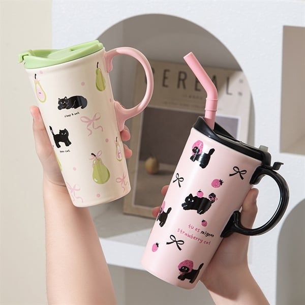  Cốc sứ mèo trái cây 520ml + ống hút 