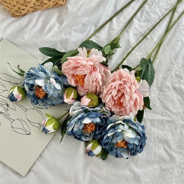  Hoa mẫu đơn giả cành 1 bông + 1 nụ 