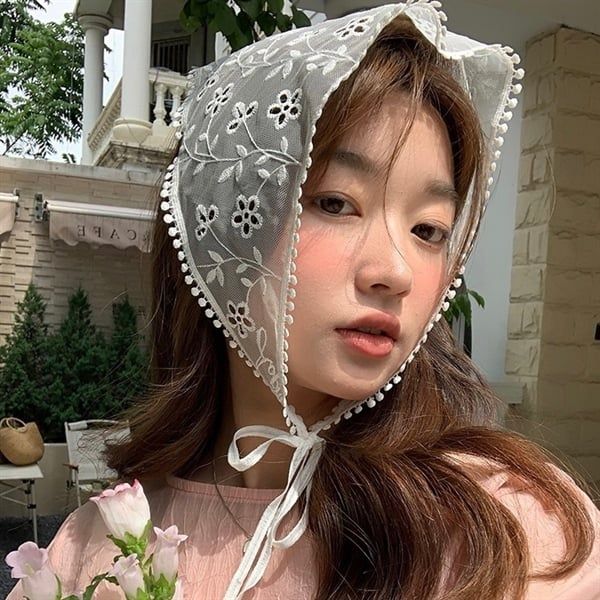  Khăn turban tam giác voan thêu hoa 