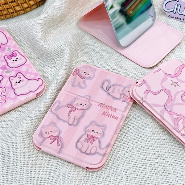  Gương gập bỏ túi bọc da hồng 7x10cm 