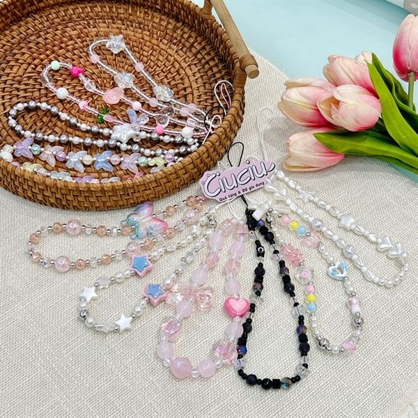  Dây charm đeo điện thoại nơ trái tim hồng 