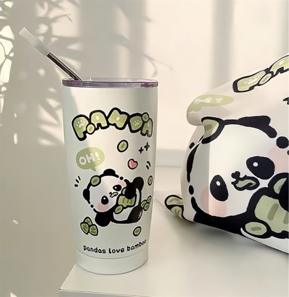  Cốc giữ nhiệt + set ống hút Panda bamboo 550ml 