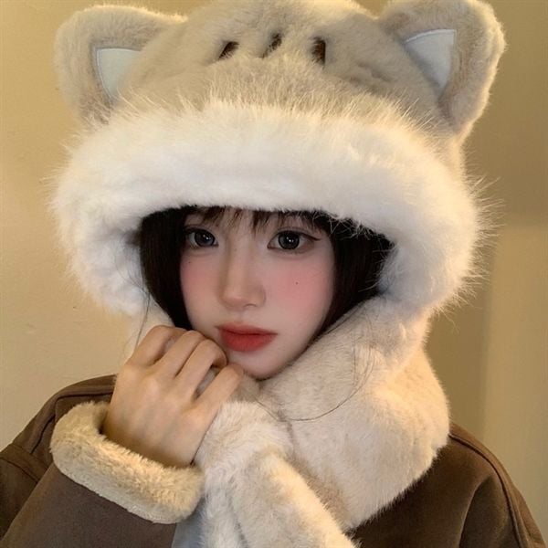  Mũ bông kiêm khăn quàng mèo be 
