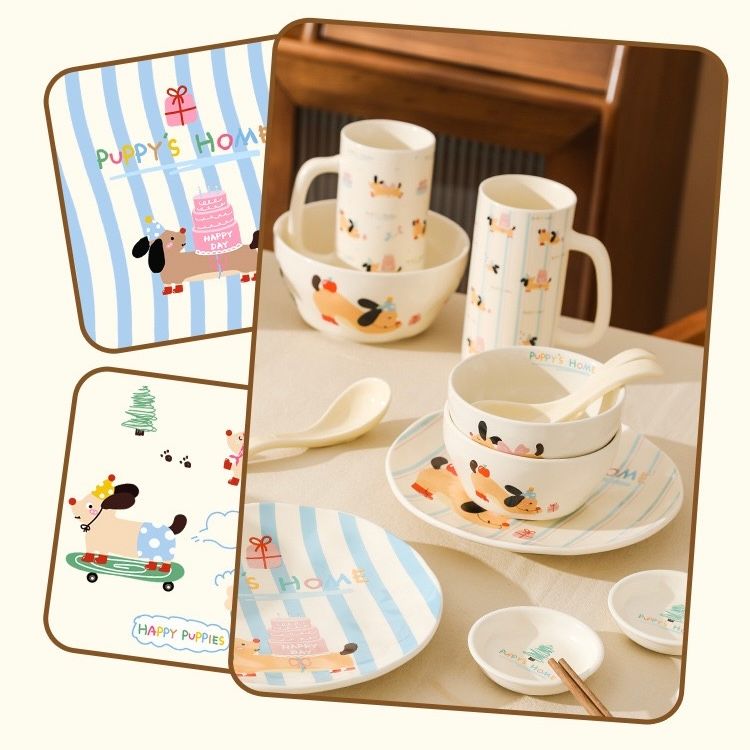  Set bát đĩa cún tai đen 2 người 11 chi tiết 