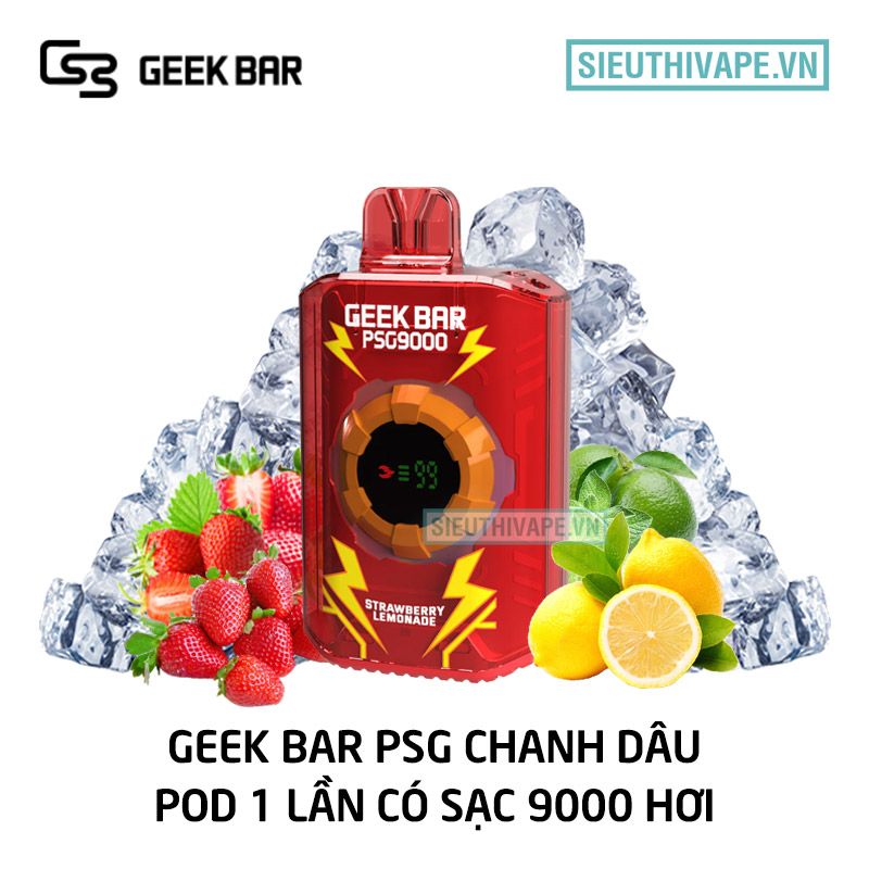  Geek Bar PSG Strawberry Lemonade - Pod 1 Lần Có Sạc 9000 Hơi 