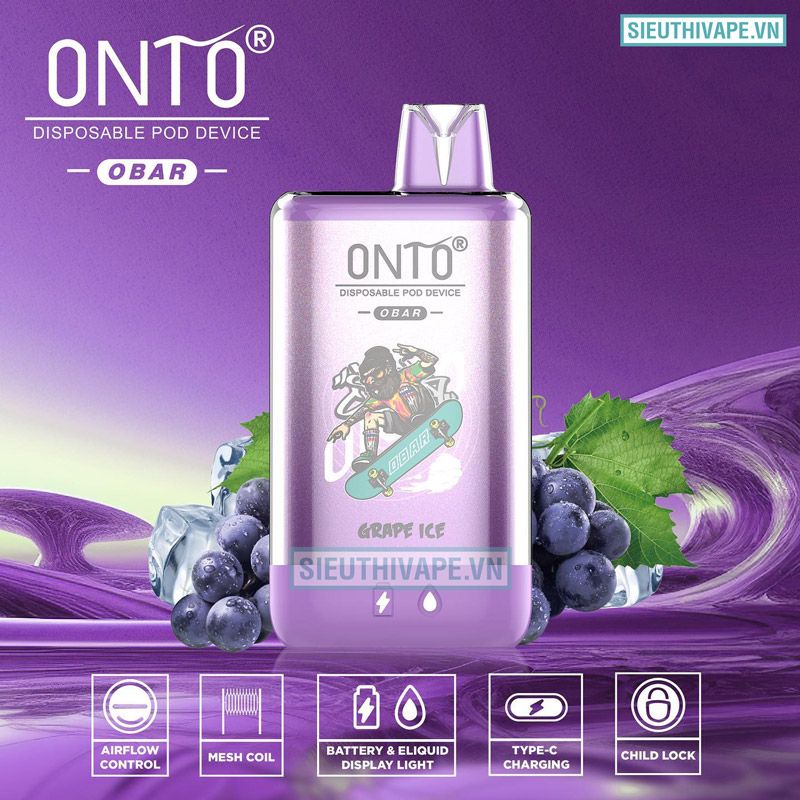  Onto Obar Grape Ice - Pod 1 Lần Có Sạc 12000 Hơi 