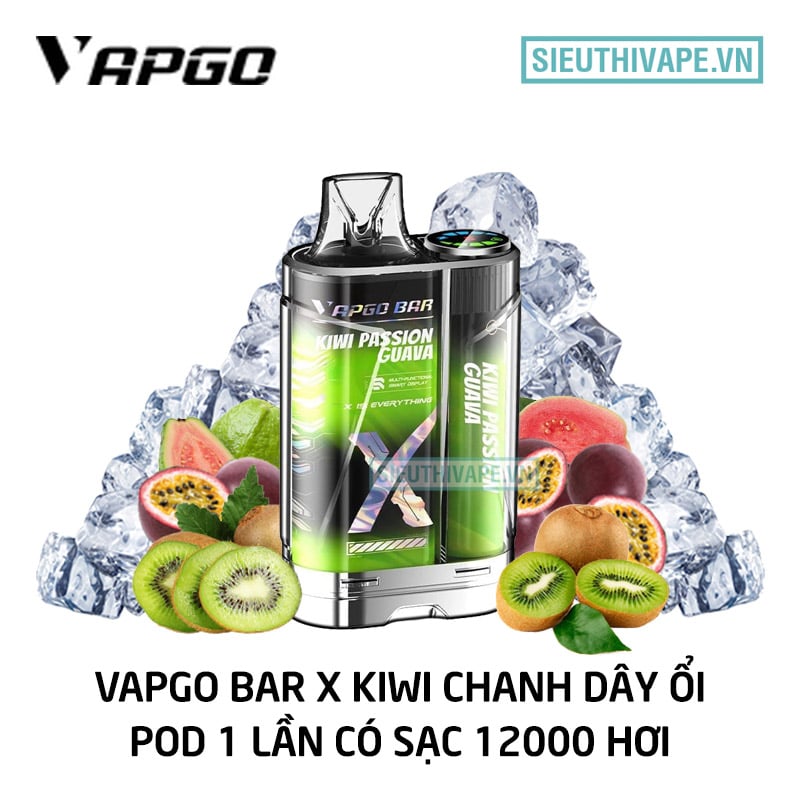 Vapgo Bar X 12000 hơi kiwi chanh dây ổi các loại pod 1 lần