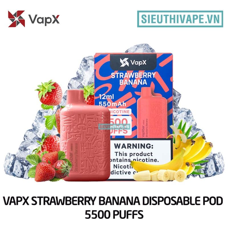  Vapx Strawberry Banana 5500 Hơi - Pod Dùng 1 Lần Chính Hãng 
