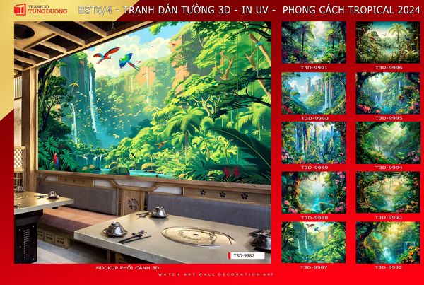 BST30 - TRANH DÁN TƯỜNG 3D - TRANG TRÍ NHÀ HÀNG, CAFE, GIẢI TRÍ - CHỦ ĐỀ TROPICAL RỪNG NHIỆT ĐỚI - KHỔ LỚN