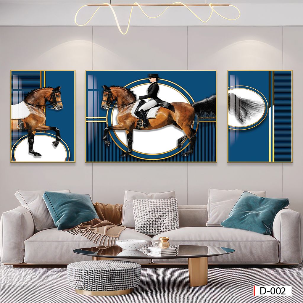 BST84 - TRANH TREO TƯỜNG KHUNG HỢP KIM TITAN - TRANG TRÍ PHÒNG KHÁCH, SAU SOFA - CHỦ ĐỀ TRANH NGỰA HIỆN ĐẠI - GHÉP BỘ 3 BỨC