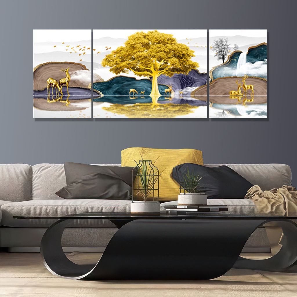 TRANH TREO TƯỜNG PHÒNG KHÁCH - TRANH HƯƠU TÀI LỘC GHÉP BỘ 3 BỨC | MÃ D-106