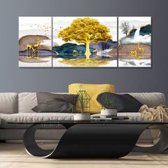 TRANH TREO TƯỜNG PHÒNG KHÁCH - TRANH HƯƠU TÀI LỘC GHÉP BỘ 3 BỨC | MÃ D-106