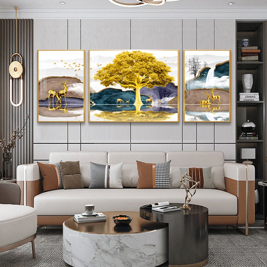 TRANH TREO TƯỜNG PHÒNG KHÁCH - TRANH HƯƠU TÀI LỘC GHÉP BỘ 3 BỨC | MÃ D-106