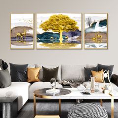 TRANH TREO TƯỜNG PHÒNG KHÁCH - TRANH HƯƠU TÀI LỘC GHÉP BỘ 3 BỨC | MÃ D-106