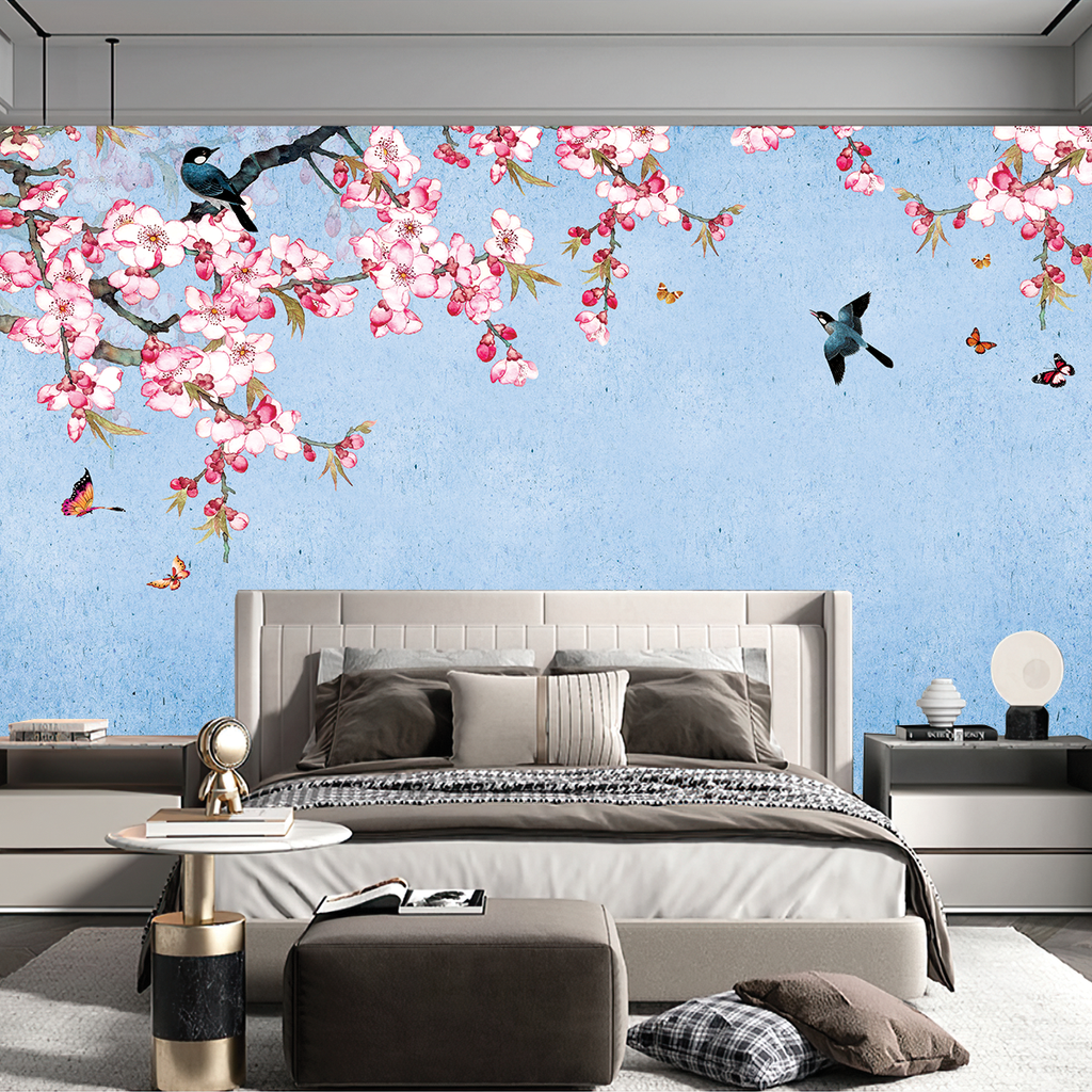BST141 - TRANH DÁN TƯỜNG 3D - PHÒNG NGỦ - TRANH VẢI HOA 3D - HOA ĐÀO - INDOCHINE