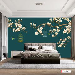 BST141 - TRANH DÁN TƯỜNG 3D - PHÒNG NGỦ - TRANH VẢI HOA 3D - HOA ĐÀO - INDOCHINE