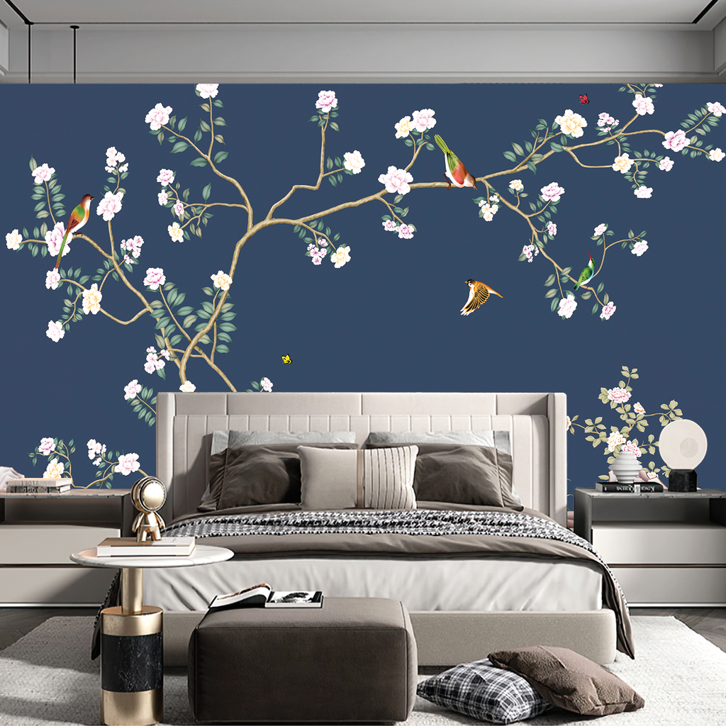 BST141 - TRANH DÁN TƯỜNG 3D - PHÒNG NGỦ - TRANH VẢI HOA 3D - HOA ĐÀO - INDOCHINE