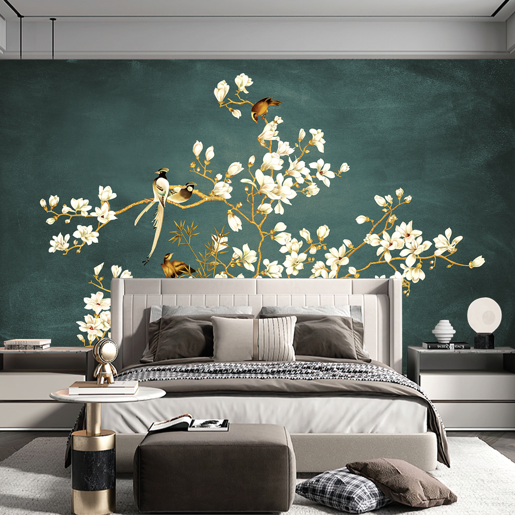 BST141 - TRANH DÁN TƯỜNG 3D - PHÒNG NGỦ - TRANH VẢI HOA 3D - HOA ĐÀO - INDOCHINE