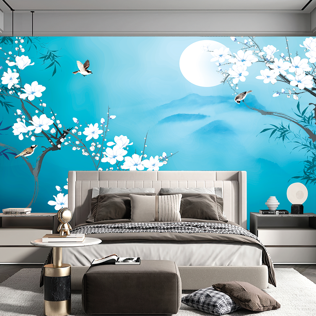BST141 - TRANH DÁN TƯỜNG 3D - PHÒNG NGỦ - TRANH VẢI HOA 3D - HOA ĐÀO - INDOCHINE