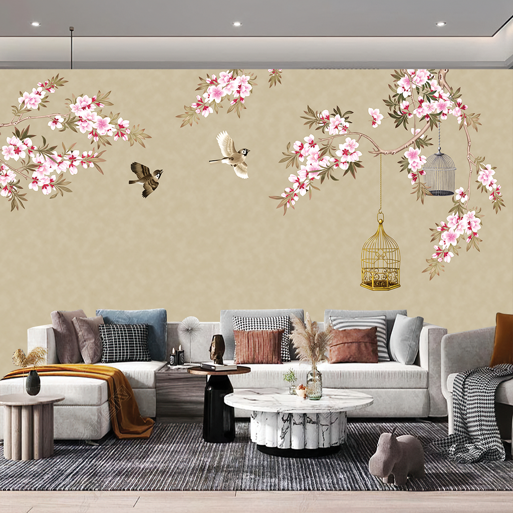 BST141 - TRANH DÁN TƯỜNG 3D - PHÒNG NGỦ - TRANH VẢI HOA 3D - HOA ĐÀO - INDOCHINE