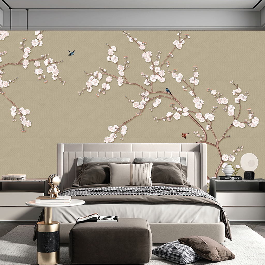 BST141 - TRANH DÁN TƯỜNG 3D - PHÒNG NGỦ - TRANH VẢI HOA 3D - HOA ĐÀO - INDOCHINE