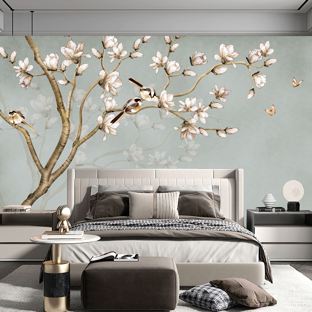 BST141 - TRANH DÁN TƯỜNG 3D - PHÒNG NGỦ - TRANH VẢI HOA 3D - HOA ĐÀO - INDOCHINE