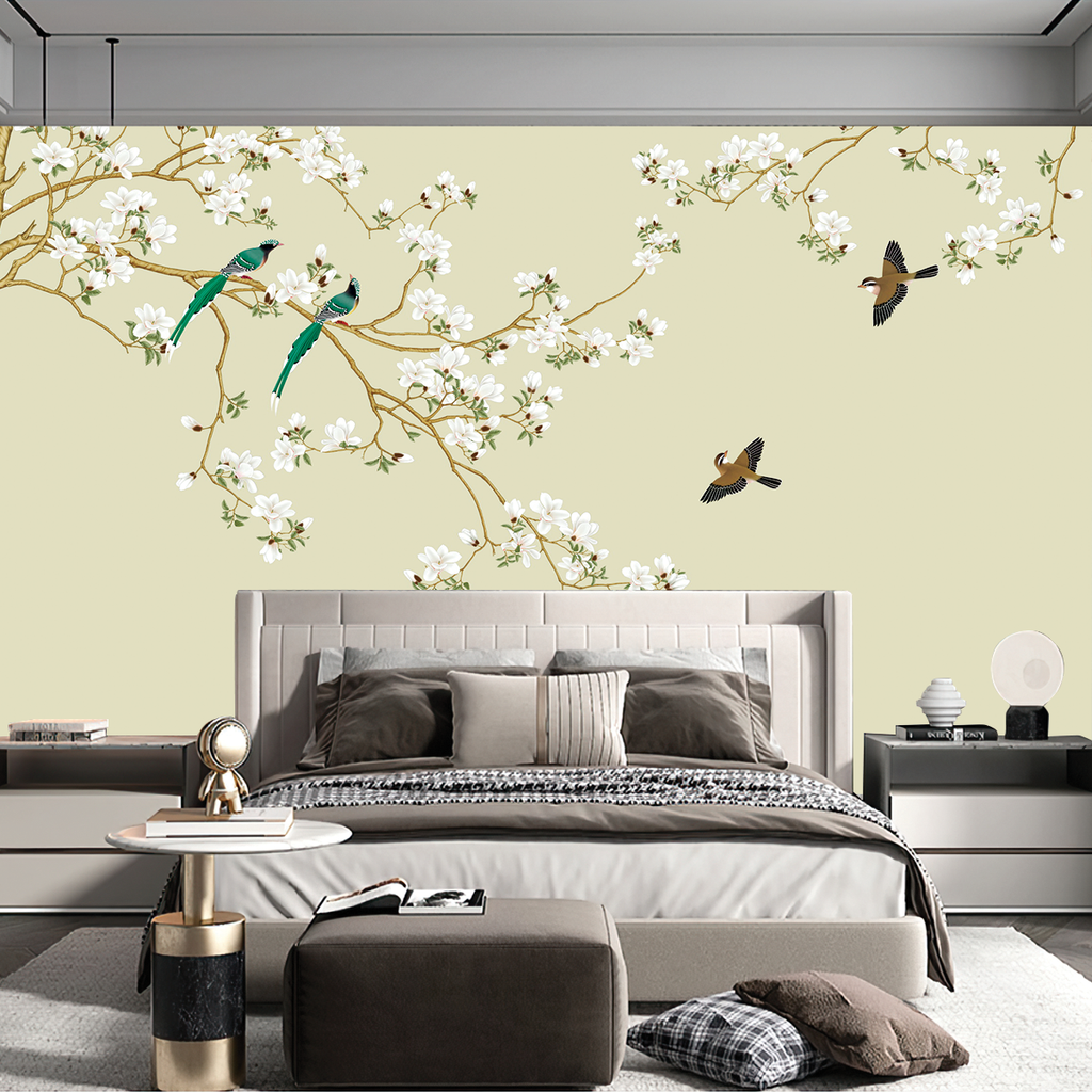 BST141 - TRANH DÁN TƯỜNG 3D - PHÒNG NGỦ - TRANH VẢI HOA 3D - HOA ĐÀO - INDOCHINE